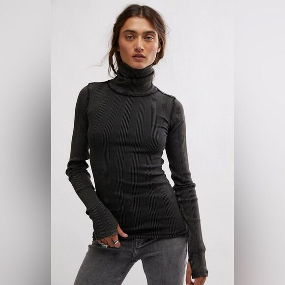 free people XS Black Brynn Turtleneck Scrunched Ribbed Thermal Cotton Top - Picture 15 of 16